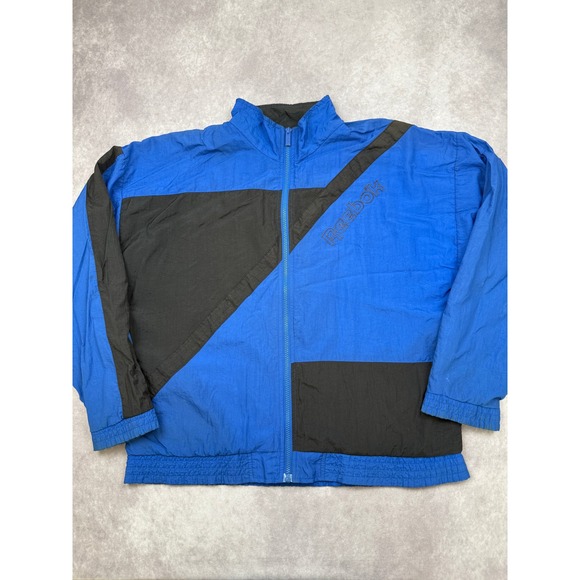 VTG 90s Reebok Track Jacket Blue Black Color Block Windbreaker Mens M Streetwear